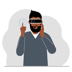 The concept of augmented or extended reality. Man wearing 3D glasses or virtual reality headset.