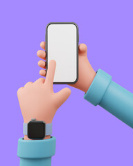 3D illustration Hand hold a smart phone with blank screen on purple Background