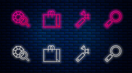 Set line Shopping bag jewelry, Jewelers lupe, Gem stone and Magnifying glass. Glowing neon icon on brick wall. Vector