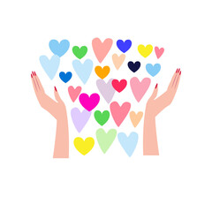 Hands and hearts on white background.Giving love.