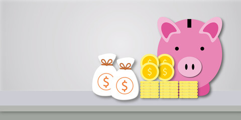 Pink Piggy bank with coins and money bag on a grey background, Concept for finance insurance, protection, safe investment or banking, space for the text, paper cut design style.