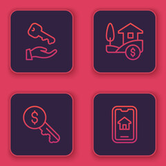Set line House key, Rent, with dollar and Online real estate. Blue square button. Vector