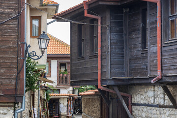 Characteristic wooden houses on Old Town of Nesebar city in Bulgaria