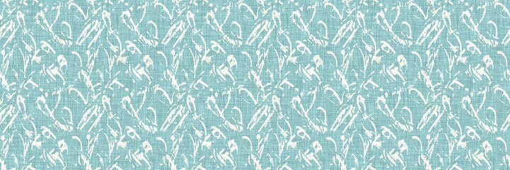 Aegean teal mottled border strip linen texture background. Summer coastal living style home decor fabric effect. Sea green wash grunge edge material. Decorative textile seamless pattern banner. 