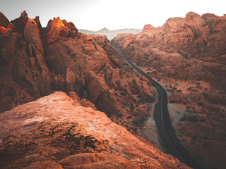 Valley of Fire Road winds through aztec sandstone. Canyon of red rocks in Nevada desert.