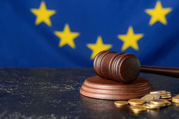 Gavel of judge with coins against European Union flag