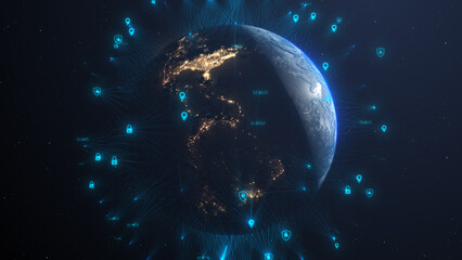 Naklejka na ściany i meble Global location services cybersecurity encryption for secure exchange of information technology over safe data networks - Conceptual 3D Illustration Render