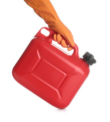 Female hand in rubber gloves holding canister on white background