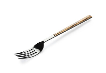 Stainless steel fork with wooden handle on white background