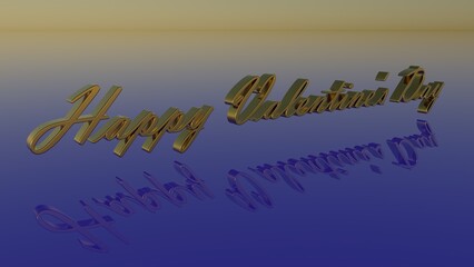 Happy Valentine's Day on a blue background in perspective. Valentine's Day greetings written in gold font in the space above the blue reflective surface. 3D image.
