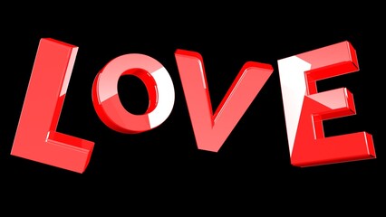 The word Love is written in red font in space on a black background. Love written in flying funny letters. Isolated 3D image.
