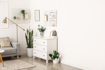 Chest of drawers with houseplants and pegboard hanging on light wall
