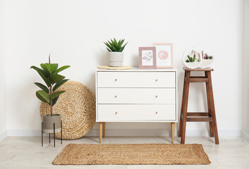 Stylish interior of room with chest of drawers, houseplants and wicker carpet near light wall