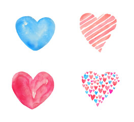 Set of hand drawn watercolor hearts isolated at white background.