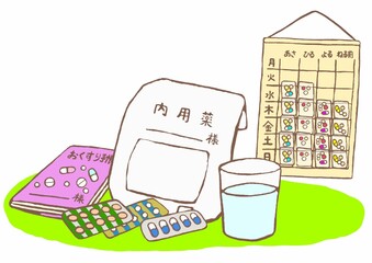 ヒートに入った抗精神病薬　お薬手帳　お薬カレンダー　コップに入った水