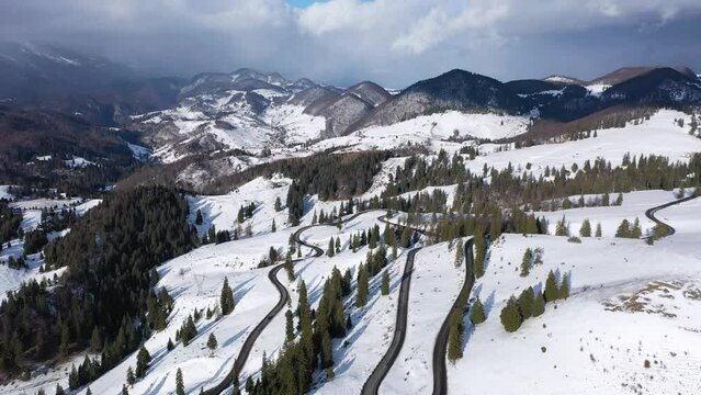 Aerial scenic footage of Fundata Pass in Carpathian Mountains