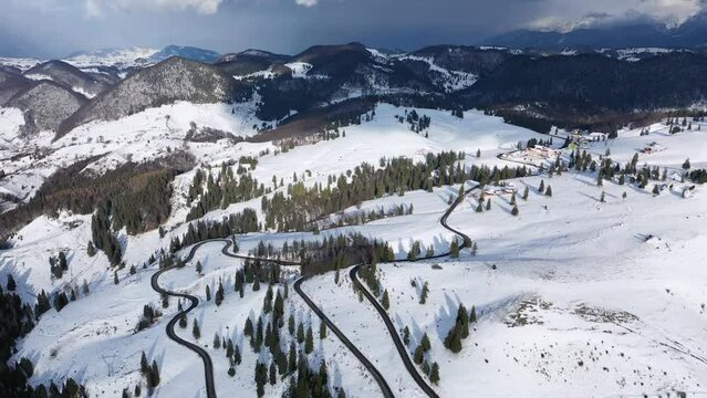 Aerial scenic footage of Fundata Pass in Carpathian Mountains