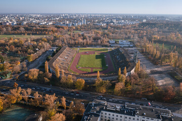 Drone photo of closed RKS Skra stadium in Warsaw city, Poland