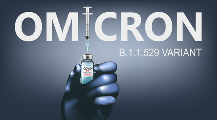 Coronavirus Omicron vaccine background. Hand holding bottle with vaccine destroying virus COVID - 19 molecule. Stop Coranavirus concept. Vector