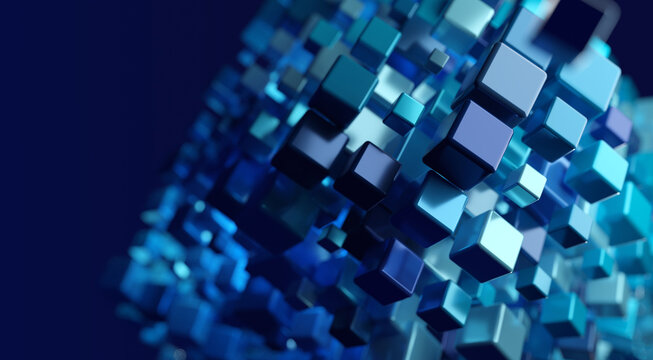 Rising Momentum Of Data Intelligence. Big Data And Ai Core Data Concept Image.  Dark And Light Metallic Blue Block Stacked And Rising. Shallow Depth  Of Field. 3D Illustration, 3D Rendering.