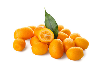 Tasty kumquat fruits on white background