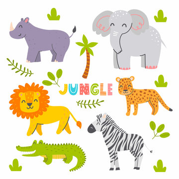Set of cute jungle animals. Characters for kids. Vector childish illustration
