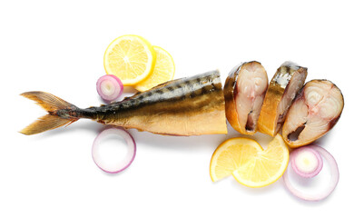 Cut smoked mackerel fish on white background