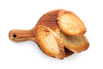 Wooden board with fresh croutons isolated on white background