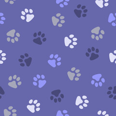 Fototapeta na wymiar Vector, seamless pattern. Abstraction, color of the year 2022, traces of paws of a cat, a dog on a very peri background. For prints, packaging, social media, web.