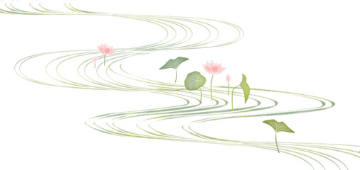 ピンクの蓮の花　流水　水辺の情景　夏　グラフィック素材