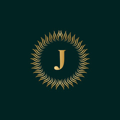 Emblem Letter J Weaving Circle Monogram Graceful Template. Simple Logo Design for Luxury Crest, Royalty, Business Card, Boutique, Hotel, Heraldic. Calligraphic Vintage Border. Vector Illusration