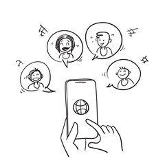 hand drawn doodle hand holding smartphone for video conference illustration isolated background