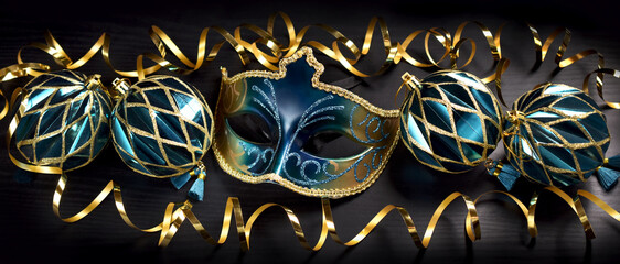 Carnival party banner with decorations in turquoise and golden colors