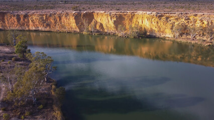 aerial shot, facing downstream, of cliffs at big bend on the murray river