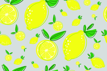 Vector illustration of juicy yellow lemons on a gray background. Background, wallpaper. For textile printing or wrapping paper 