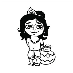 Vector illustration linear drawing doodle cute kind little Krishna Gopal with a pot of creamy yogurt. Simple stylized drawing. Children's character.