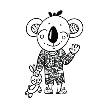 vector illustration line drawing cute cartoon character little koala in pajamas and slippers with a toy hare in his hands with his eyes closed. Black and white graphics 