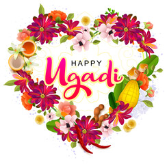 Happy ugadi indian holiday greeting card text. Mala flower wreath garland heart shape