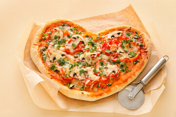 Tasty heart-shaped pizza and knife on beige background. Valentine's Day celebration