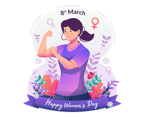 A smiling beautiful strong woman showing muscle biceps and fists.  Empowerment of women, feminism, gender equality. Happy Women's Day. Flat style vector illustration