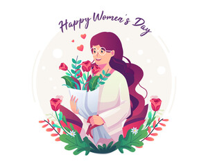 International Women's Day concept with Happy woman holding a bouquet of flowers surrounded by flowers. Flat style vector illustration