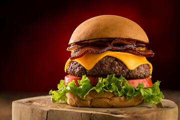 Burger with salad, cheedar cheese and bacon. - obrazy, fototapety, plakaty