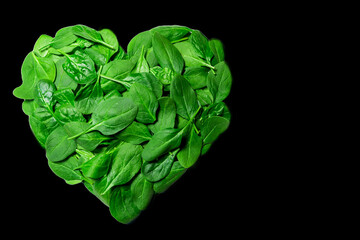 Fresh spinach, green leaves designed in heart shape with black background.