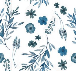 Pattern blue flowers and leaves