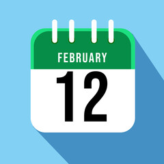  February day 12. Number twelve on a white paper with green border on a blue background calendar sheet. Vector illustration.