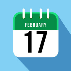 February day 17. Number seventeen on a white paper with green border on a blue background calendar sheet. Vector illustration.