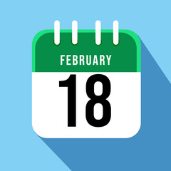 February day 18. Number eighteen on a white paper with green border on a blue background calendar sheet. Vector illustration.