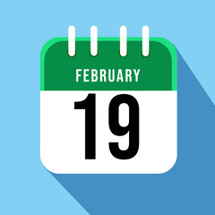 February day 19. Number nineteen on a white paper with green border on a blue background calendar sheet. Vector illustration.