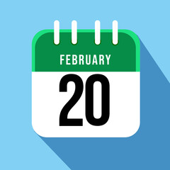 February day 20. Number twenty on a white paper with green border on a blue background calendar sheet. Vector illustration.