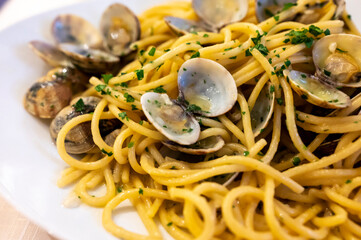 Italian sea food dinner first course pasta with clams alle vongole